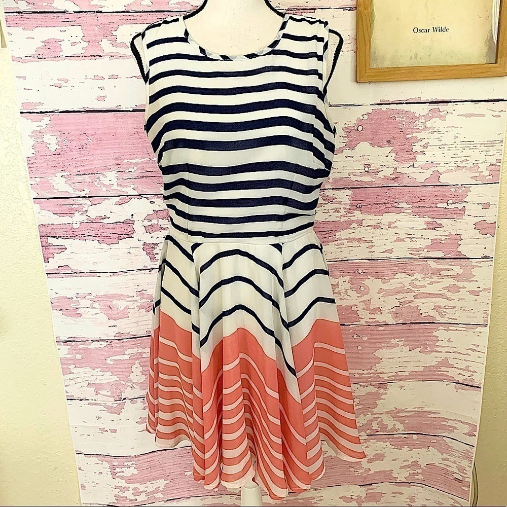 MAISON JULES White Blue Pink Striped Dress Medium